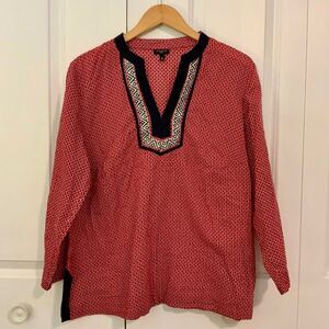 Talbots Red Blue Embroidered Cotton Popover Tunic Top Size 1X